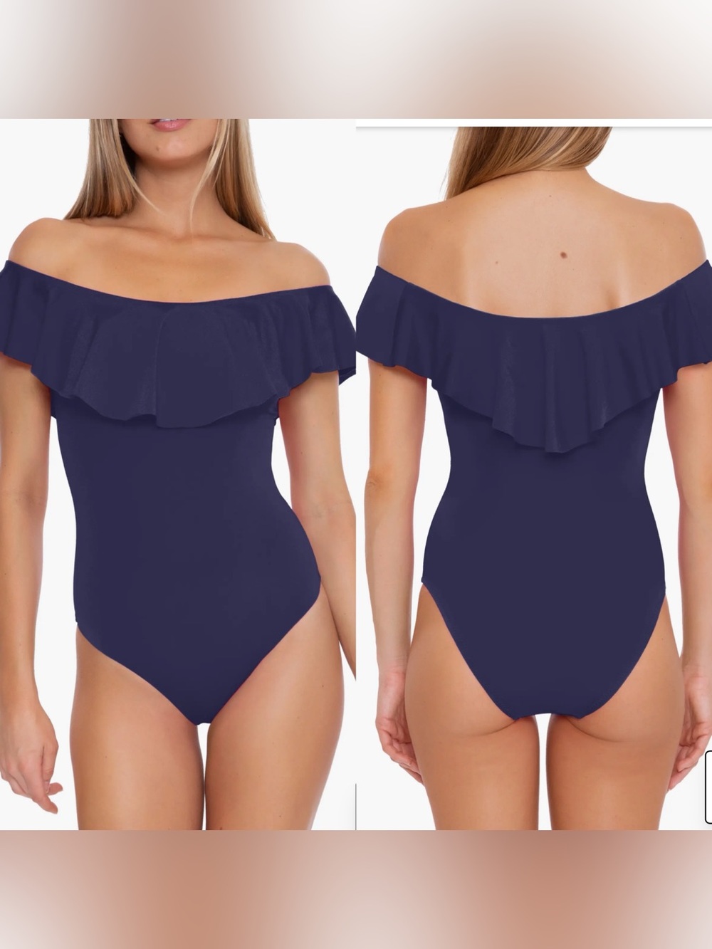 NEW Trina Turk Monaco Off The Shoulder Ruffle One Piece Swimsuit Navy Blue 12.